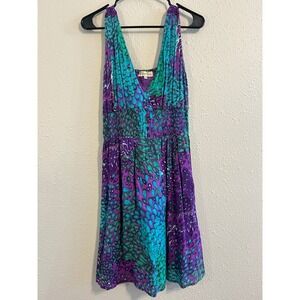 Fairycore Boho Womens Purple Teal Peacock Print Cotton Smocked Waist Dress S/M